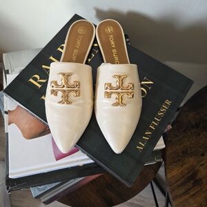Tory Burch Ivory Mules with Gold Accents